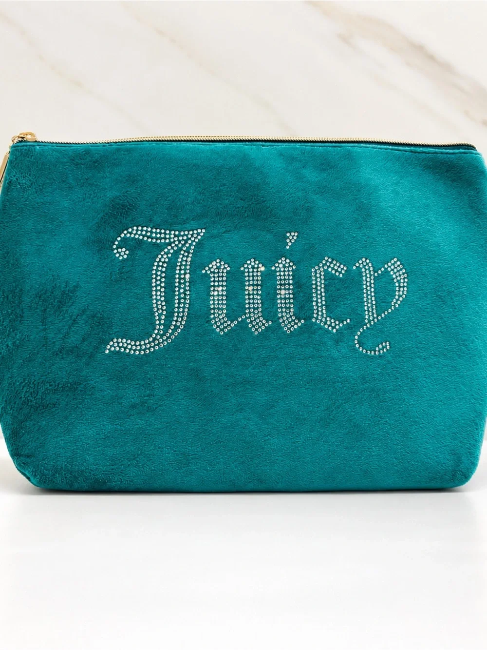 Juicy Couture Teal Velour Cosmetic Makeup Travel Pouch Rhinestone Logo